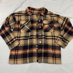Unbranded Women Plaid Flannel Shacket Tan Navy Orange Button Down Fleece Large